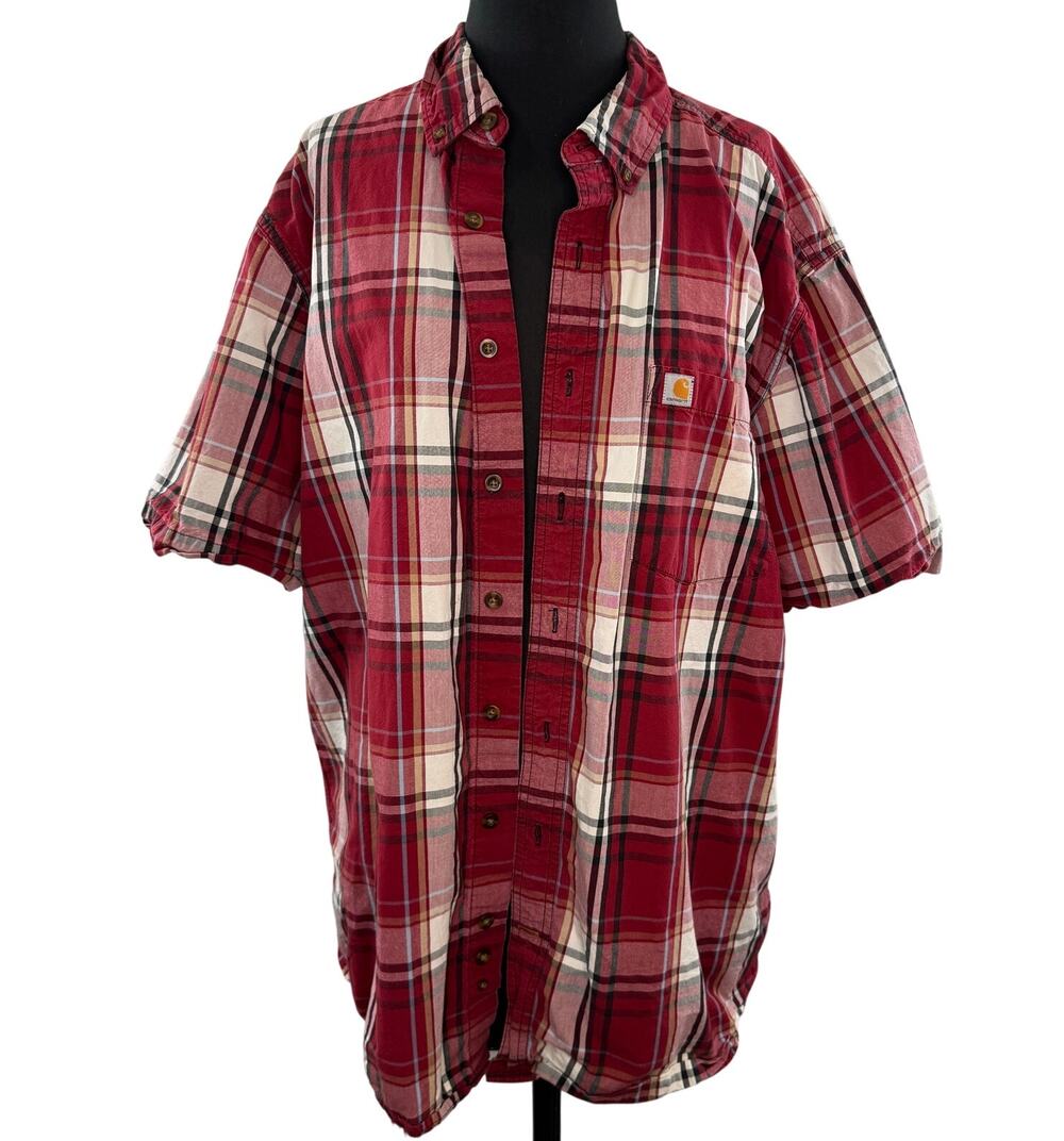 Carhartt Red White Shirt Cotton Plaid Short Sleeve Button-Down Size XL TALL